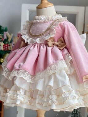 Pink Ruffle Tiered Dress with Cream Lace Accents for Girls